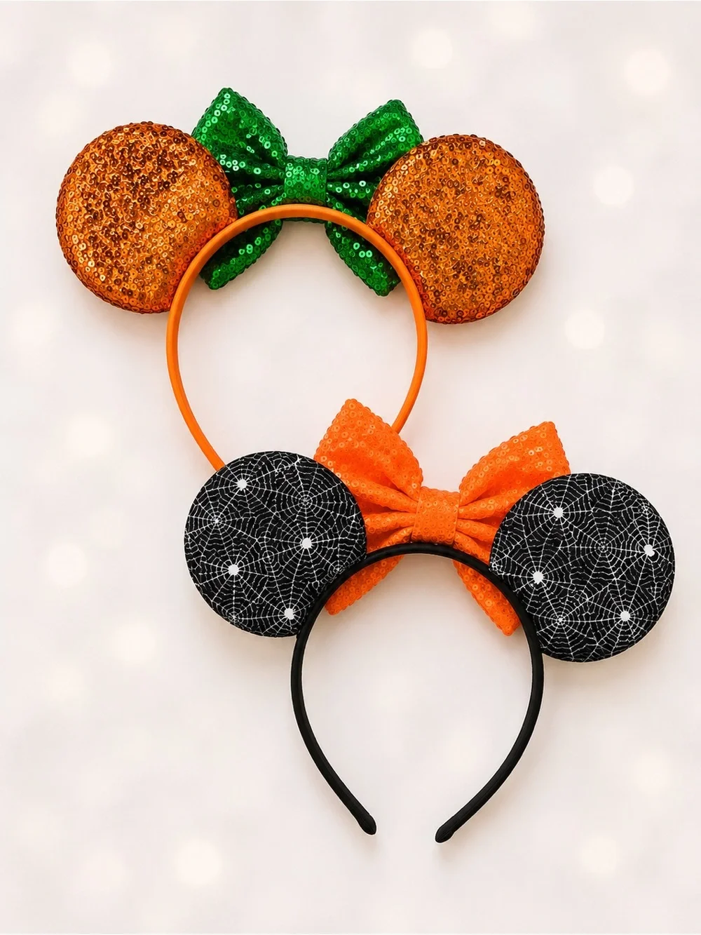 Kids Set of Two Halloween Ear Headband with Bow - Sequin Pumpkin PLUS spiderwebs
